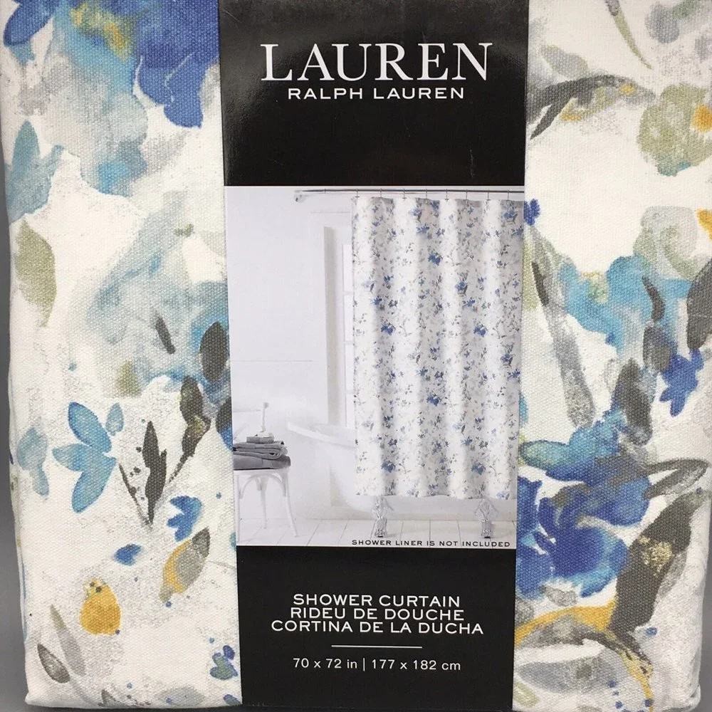 Ralph LAUREN Abstract Floral Fabric Shower Curtain Blue Gray Mustard Yellow NEW